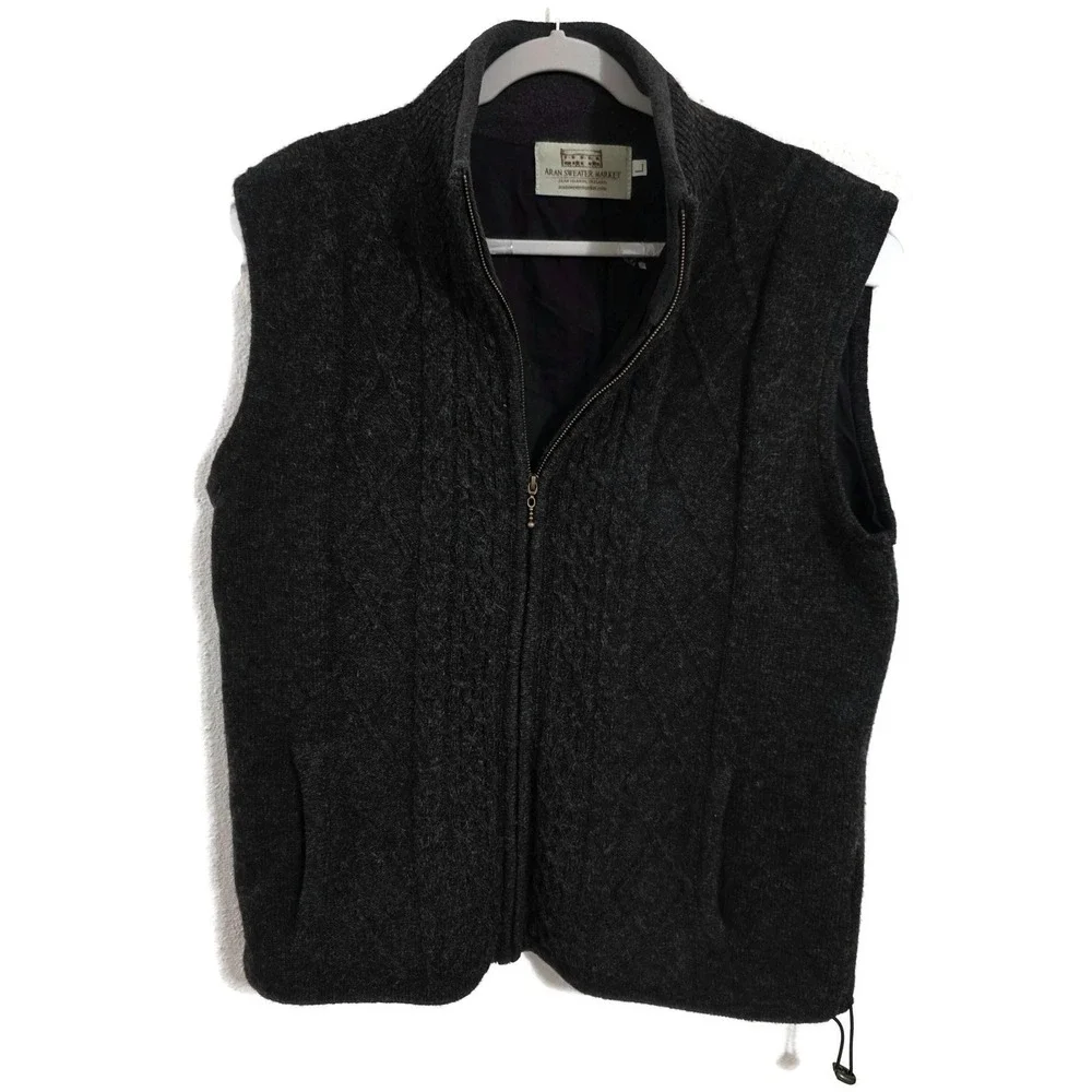 Aran Sweater Market Sweater Vest Mens Large Gray Full Zip Wool Fleece Lined